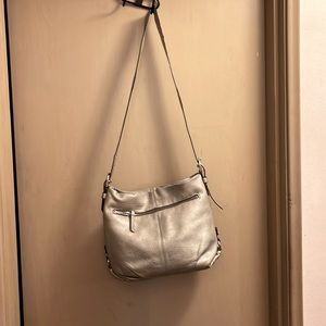 COACH Metallic Champagne Pebbled Leather Crossbody Shoulder Bucket Bag F15064